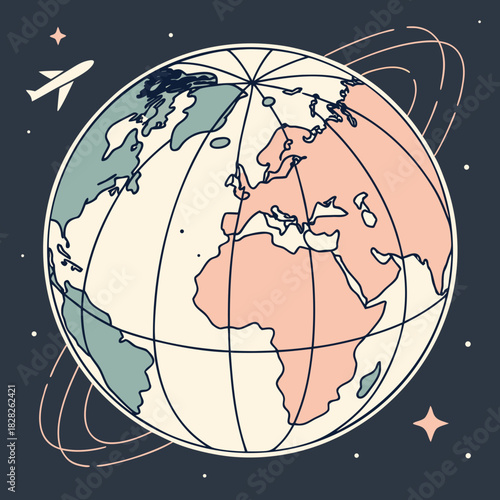 Stylized illustration of the earth with continents colored in pastel pink and green an airplane flying in the dark blue starry sky and orbital rings