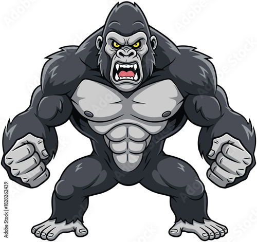 Aggressive cartoon gorilla with muscular body, clenched fists, fierce expression, gray fur, yellow eyes, animal mascot vector illustration