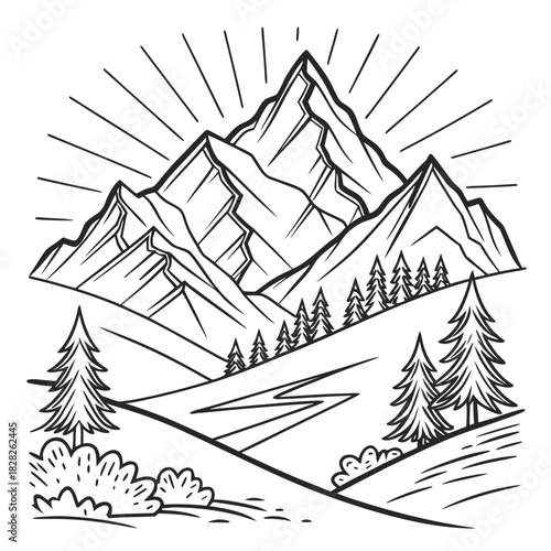 Stylized black and white line art illustration of majestic mountain peaks with sun rays emanating from behind surrounded by evergreen trees and rolling hills