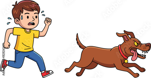 Cartoon boy running from angry dog in street chase scene, fear expression, danger concept, vector illustration for safety awareness content
