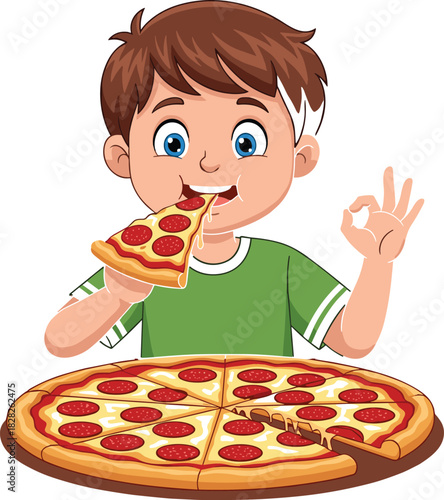 Cartoon child enjoying pepperoni pizza slice with happy expression, OK gesture, delicious food concept, cheesy crust, snack time illustration