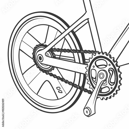 Close up line art illustration of a bicycle rear wheel drivetrain showing the chainring crankset and sprocket with a clean white background for graphic design