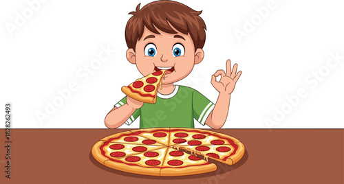 Happy child enjoying pepperoni pizza slice at table with OK hand gesture, cartoon style food illustration for kids content