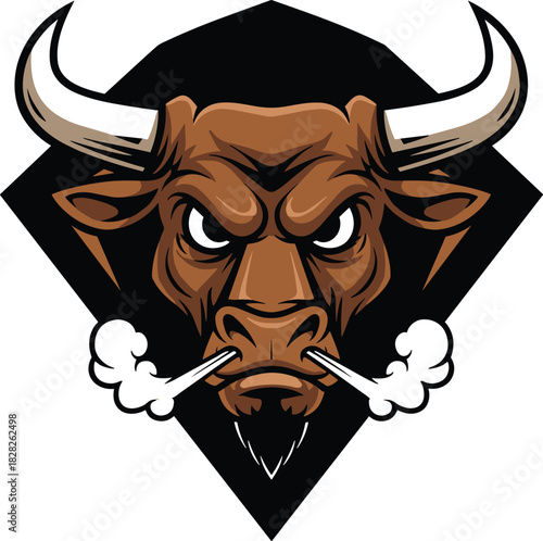 Angry bull head vector illustration with steam nostrils, fierce mascot design for sports, branding, aggression, power, and strength themes