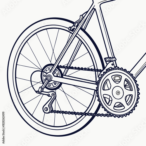 Detailed line art illustration of a bicycle s rear wheel chain crankset and derailleur against a clean white background showcasing mechanical components
