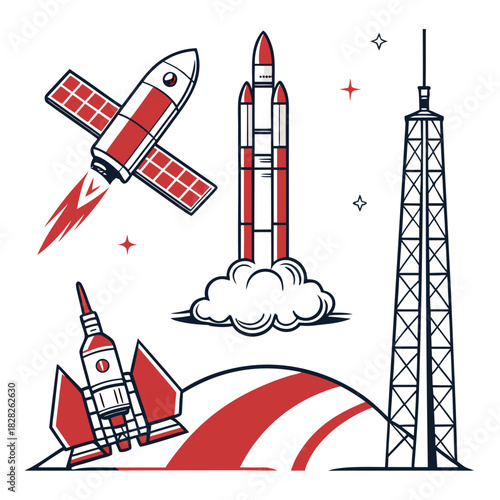A vibrant illustration depicting a space launch sequence featuring a rocket ascending from a launchpad with clouds a satellite in orbit and a futuristic spacecraft on a planetary surface