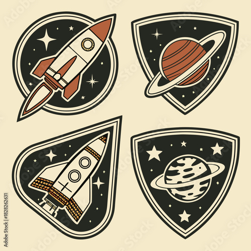 Retro space exploration patches featuring rockets and planets with stars against a cream background vintage style emblem collection