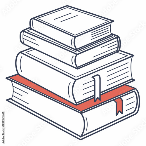 A stack of four hardcover books with red ribbon bookmarks drawn in a simple clean line art style on a white background symbolizing knowledge and learning