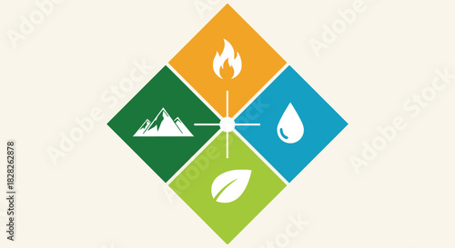 Geometric pinwheel composition of four tilted square panels meeting at the center