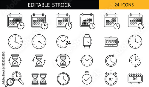 Editable stroke time and schedule icon set featuring clocks, calendars, timers, hourglasses, reminders, countdown elements, and day-planning graphics.
