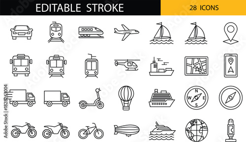 Editable stroke transportation and travel icon set featuring vehicles, navigation symbols, mobility elements, transit illustrations, global travel graphics, and modern transport tools.