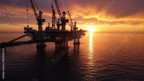 Offshore oil platform at sunset, silhouetted against a vibrant sky reflecting on calm water. A powerful image of industrial energy production and resource extraction