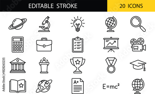 Set of editable line stroke education and science icons featuring school tools, learning symbols, academic elements, and study illustrations.