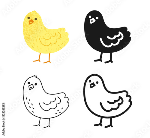 Chick symbol cartoon set. Hen, rooster little chicken comic birds character linear doodle icon. Abstract childish hand drawn poultry farm domestic small bird outline hand drawn vector illustration