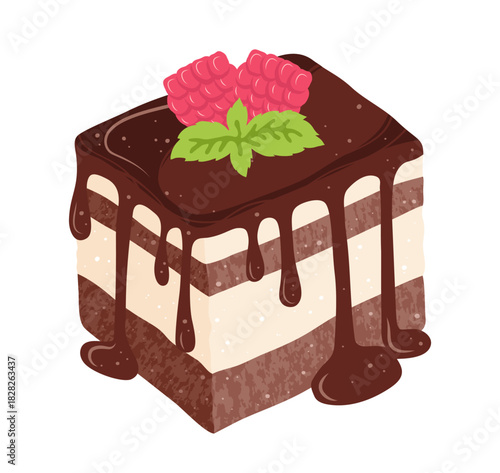 Piece of Cake with raspberry and chocolate dripping glaze texture illustration. Sweet holiday bakery pie art. Vector hand drawn cartoon design for menu, signboard, showcases print, poster, wallpaper