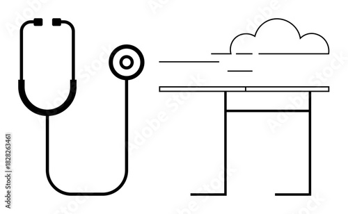 Stethoscope with cloud and table depicting merging healthcare with digital and remote services. Ideal for healthcare, technology, innovation, cloud computing, telemedicine, modern solutions, simple