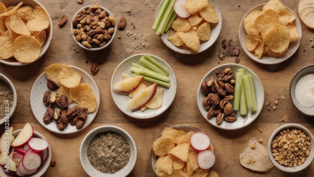 Fototapeta premium Assortment of Healthy Snacks and Dips on a Rustic Wooden Table.