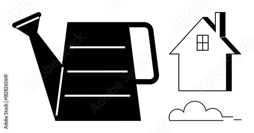 Watering can, house, and stylized cloud arranged in a clean, minimalist layout. Ideal for gardening, home care, eco-living, sustainability growth agriculture and design concepts. Simple flat