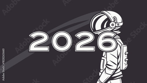 An illustration of an astronaut standing next to the year two thousand and twenty six in white outline