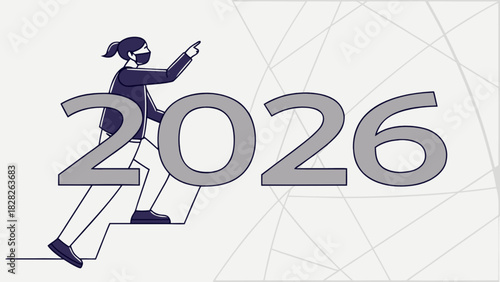 Person in mask climbing stairs towards the year twenty twenty six with an upward pointing hand