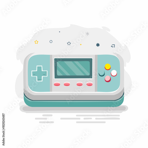 Cute cartoon handheld video game console character winking. Retro portable gaming device illustration on a white background