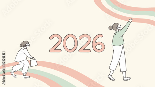 Illustration of two people wearing masks with the year two thousand twenty six in the middle ground