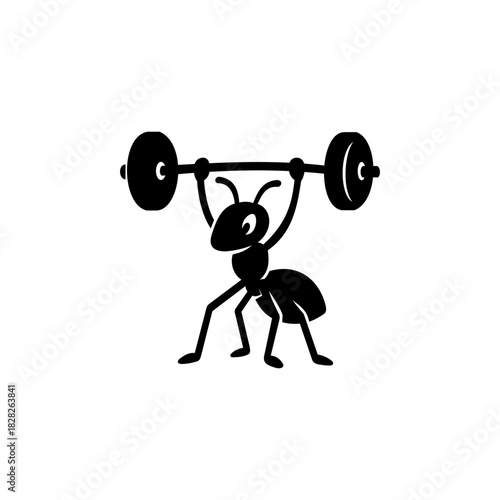 A bold black silhouette illustration of a strong ant lifting a heavy barbell in a playful, minimalist, and inspiring graphic design style