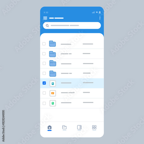 Vector illustration of mobile phone application interface for file management and cloud storage service showing folders documents screen layout