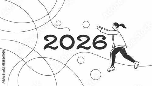 Illustration depicting the year two thousand twenty six with a woman in athletic stance and abstract lines
