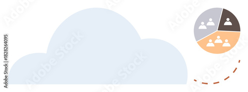 Large blue cloud with segmented circle containing user icons connected by a dashed line. Ideal for teamwork, networking, cloud computing, data sharing, collaboration, organization, technology. Simple