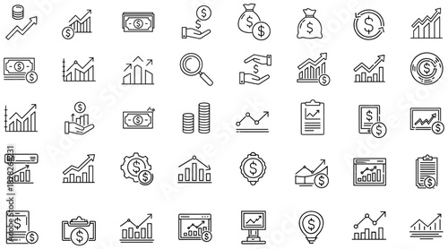 Financial Growth and Investment Icons Collection: A Set of Line Art Depicting Finance