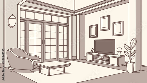 A living room with a chair, a table, a tv, and a plant in a pot, with frames hanging on the wall near it