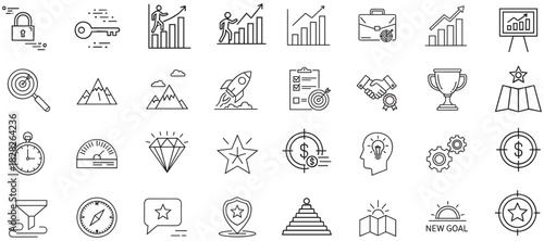 Set of business and achievement icons in outline style, representing success and growth