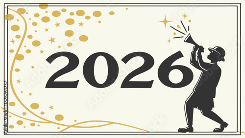 Illustration of 2026 with a man blowing a horn surrounded by stars and circles in a decorative frame