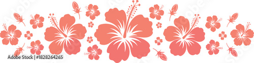 Coral pink hibiscus flower border, tropical floral arrangement, decorative vector illustration, summer blossom design isolated on white background.