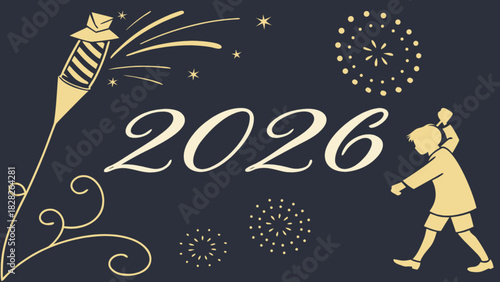 Illustration of a firework, the year 2026, starbursts, a boy, and decorative swirls on dark background