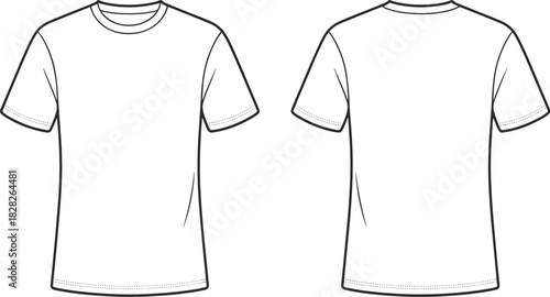 Classic crew neck t-shirt front and back view, fashion flat sketch, vector apparel design, CAD drawing template, blank mockup