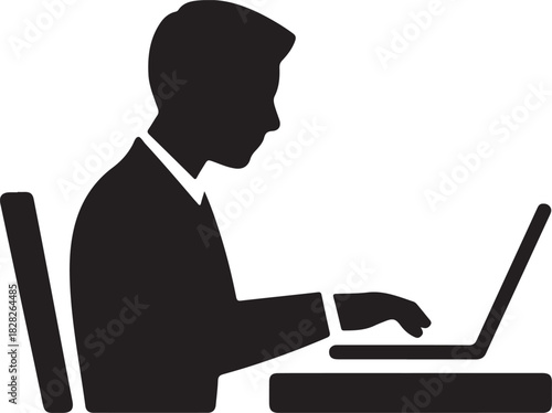 Office worker vector icon isolated on white background. Working place at the table with a laptop. Flat work computer icon