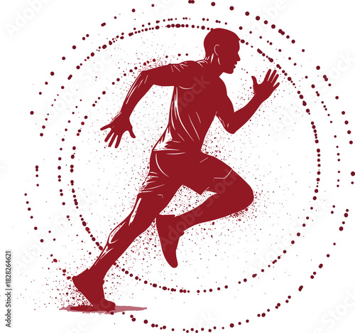 Silhouette of running man with dynamic motion circles, red vector illustration, athlete sprinting, speed concept, energetic sport background