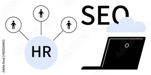 HR network connecting people, laptop, and cloud with SEO text. Ideal for business, strategy, teamwork, online marketing, cloud computing, human resource planning digital transformation simple flat