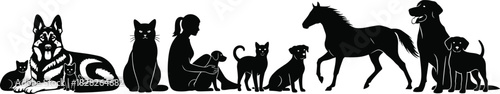 Silhouette collection of diverse pets including dogs cats and horse with woman, veterinary concept, animal group vector, black and white