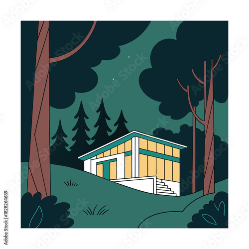 A cozy modern cabin nestled in a serene forest at night, illuminated by warm light, surrounded by tall trees and lush greenery, creating a peaceful and inviting atmosphere