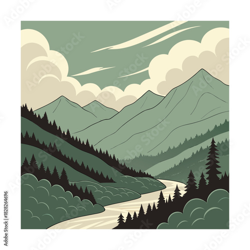 A serene landscape unfolds with majestic mountains under a sky adorned with fluffy clouds, a winding river flowing through lush greenery, creating a peaceful and scenic vista