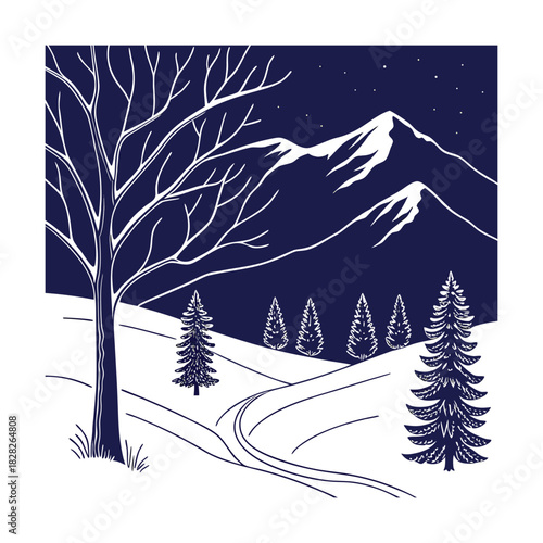 A serene winter landscape isolated on features snowcovered hills, evergreen trees, and a winding path leading towards majestic mountains under a starry night sky, creating a peaceful and scenic view
