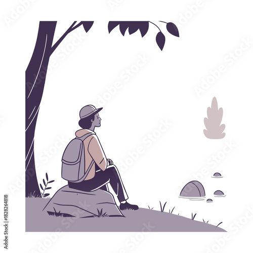 A serene scene unfolds as a lone hiker, clad in a hat and backpack, finds solace on a rock beneath a tree, gazing out at the tranquil water and distant shrub, isolated on