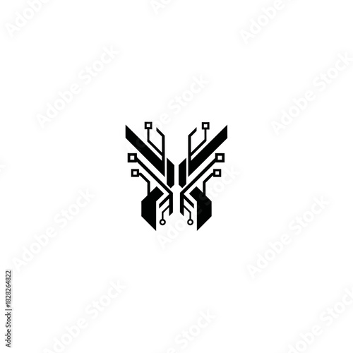 Abstract butterfly design with circuit board pattern in black.