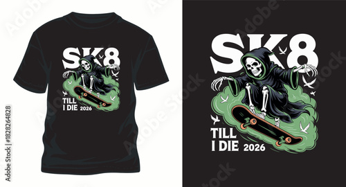 Sk8 till i die 2026 skeleton skater vector illustration