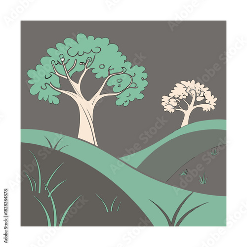 A serene landscape unfolds with rolling hills adorned by two stylized trees, one in verdant hues and the other in muted tones, evoking a sense of tranquility and natural beauty