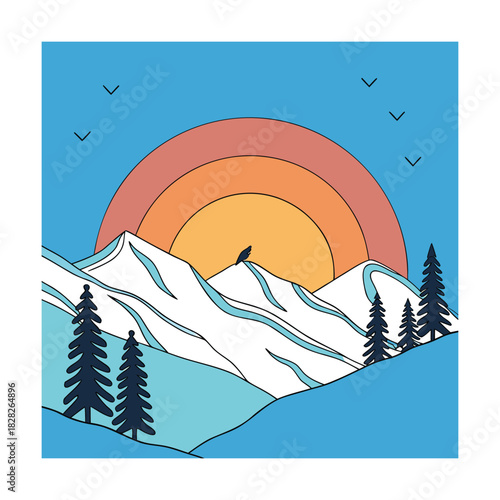 A serene mountain landscape illustration featuring snowcapped peaks under a vibrant sunset, with a solitary bird perched atop one peak, set against a clear blue sky and minimalist design