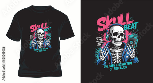 Skull beat skeleton t shirt design with boombox and headphones